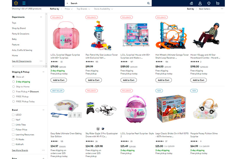 sección de juguetes, que tiene Walmart