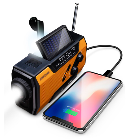 Radio Portátil FosPower, luz solar y baterías